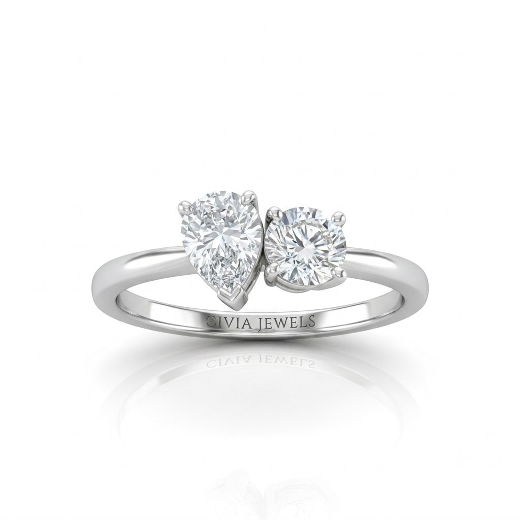 Silver Amourique Toi et Moi Pear & Round Diamond Engagement Ring