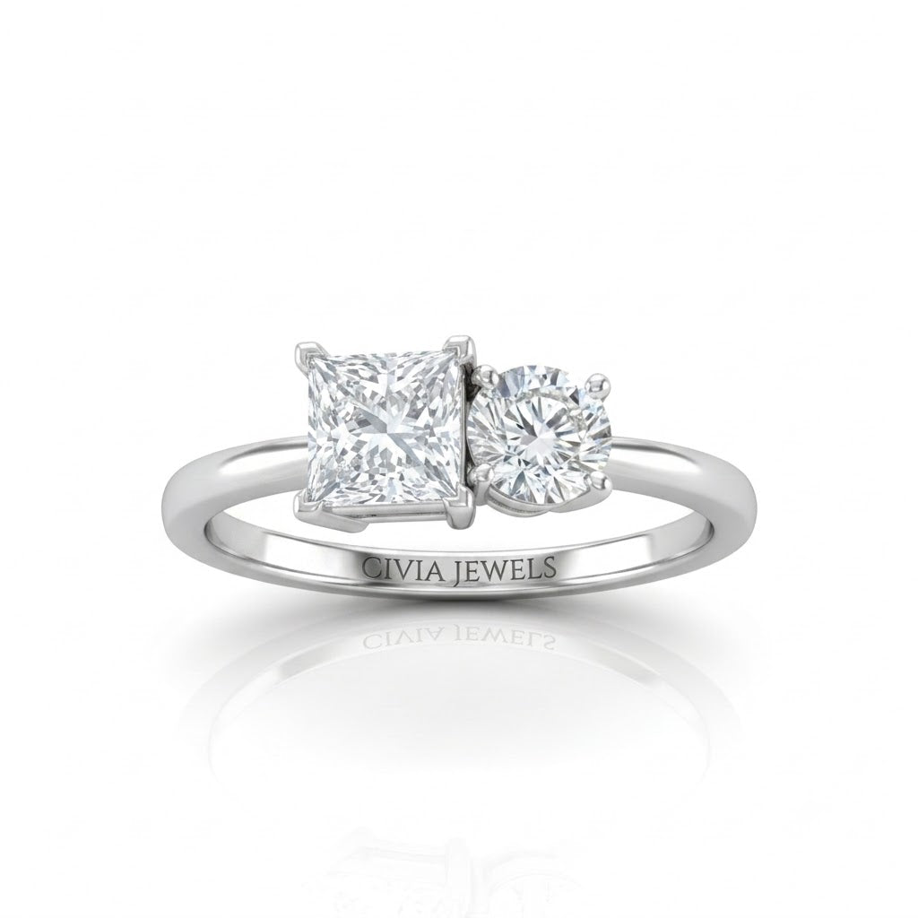 Silver Amourique Toi et Moi Princess & Round Diamond Engagement Ring