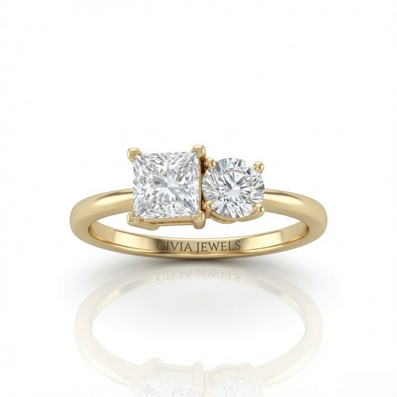 Yellow Gold Amourique Toi et Moi Princess & Round Diamond Engagement Ring