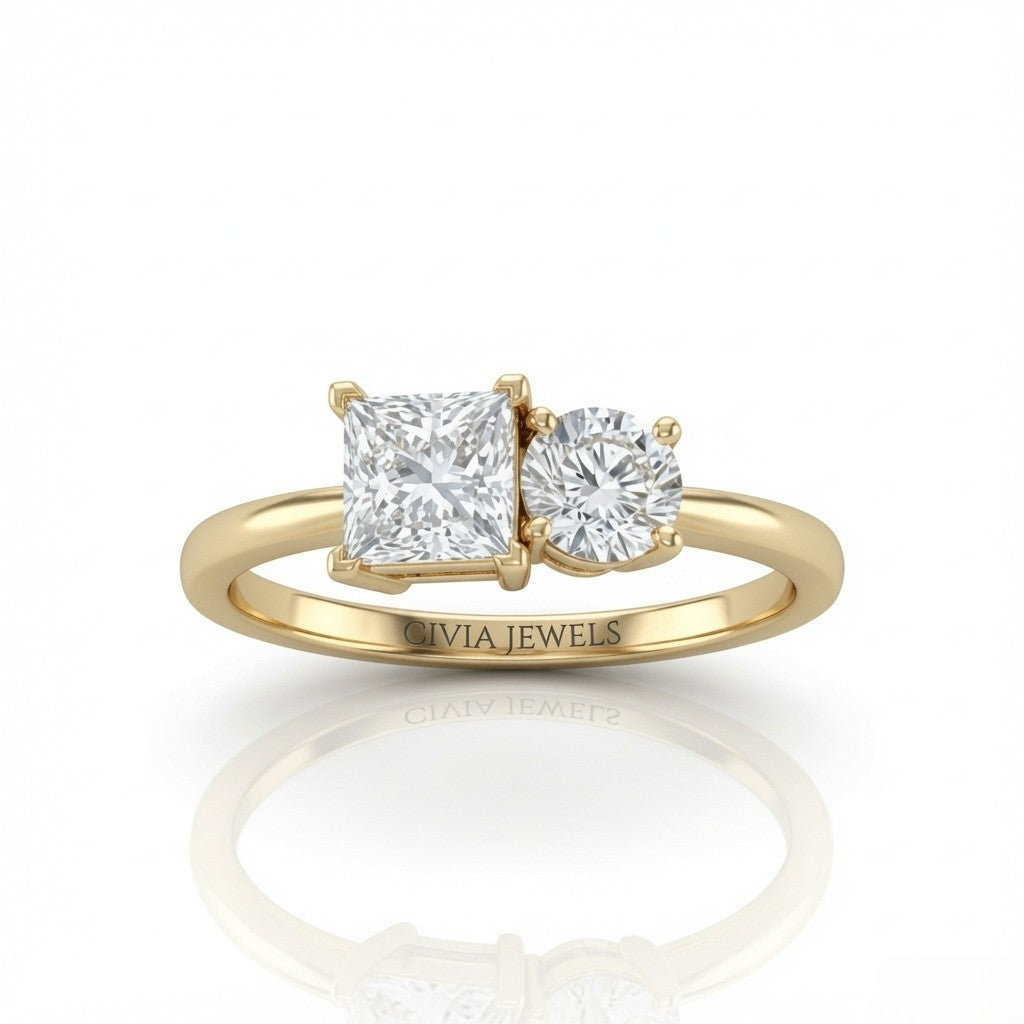 Yellow Gold Amourique Toi et Moi Princess & Round Diamond Engagement Ring