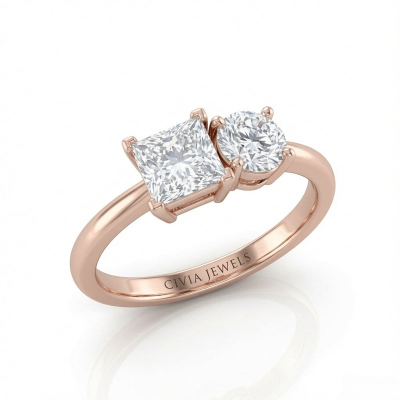 Rose Gold Amourique Toi et Moi Princess & Round Diamond Engagement Ring