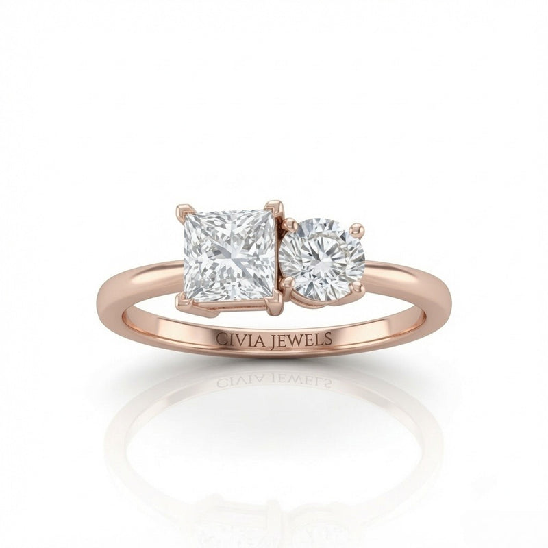 Rose Gold Amourique Toi et Moi Princess & Round Diamond Engagement Ring