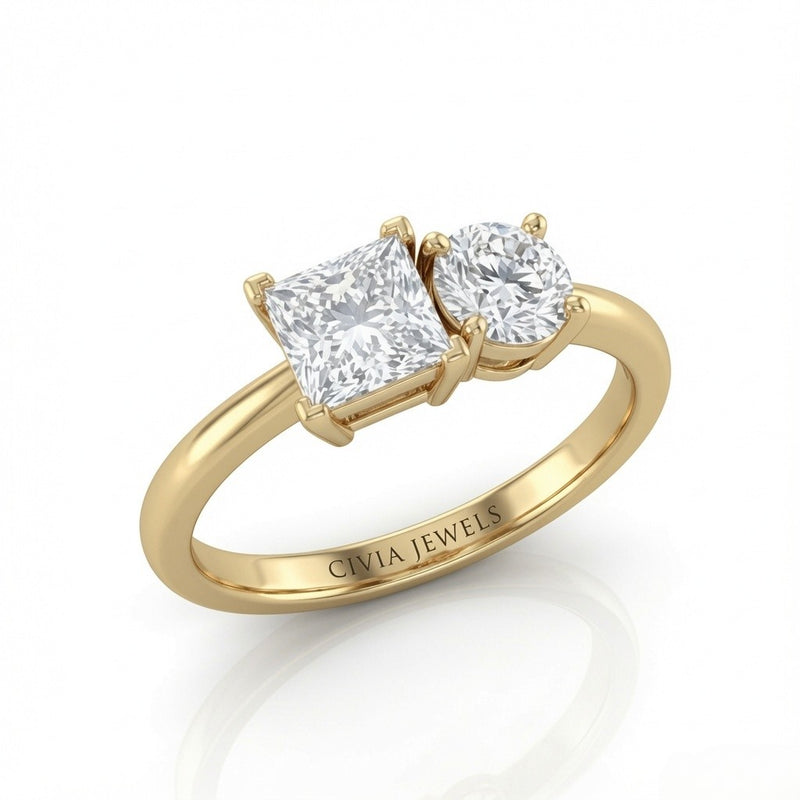 Yellow Gold Amourique Toi et Moi Princess & Round Diamond Engagement Ring