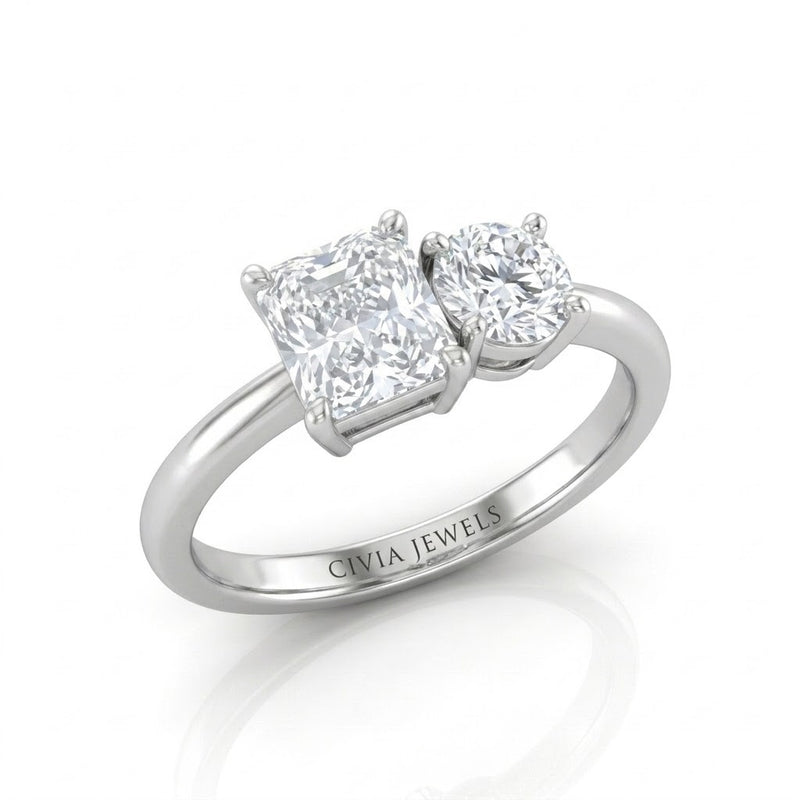 Silver Amourique Toi et Moi Radiant & Round Diamond Engagement Ring