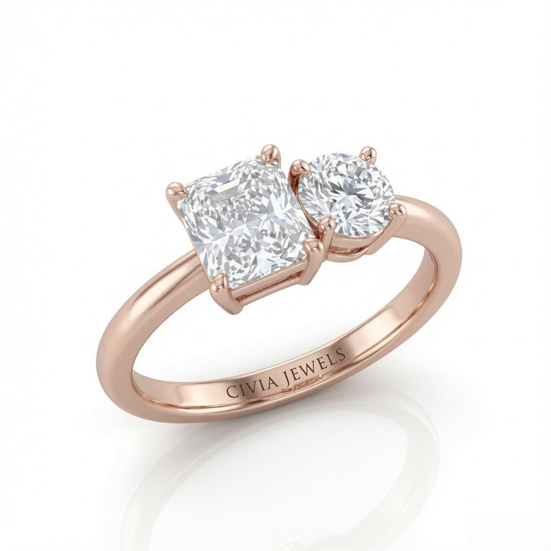 Rose Gold Amourique Toi et Moi Radiant & Round Diamond Engagement Ring
