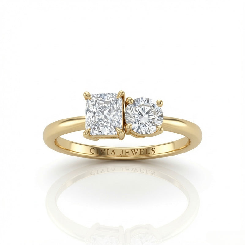 Yellow Gold Amourique Toi et Moi Radiant & Round Diamond Engagement Ring