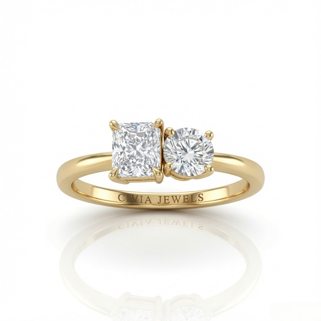 Yellow Gold Amourique Toi et Moi Radiant & Round Diamond Engagement Ring