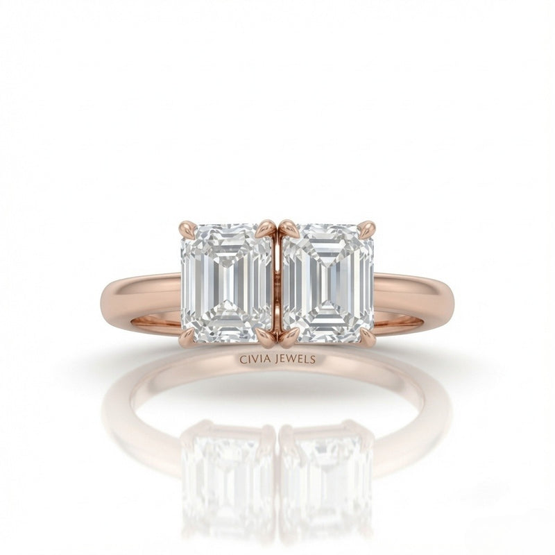Rose Gold Twinelle Toi et Moi Emerald Diamond Engagement Ring