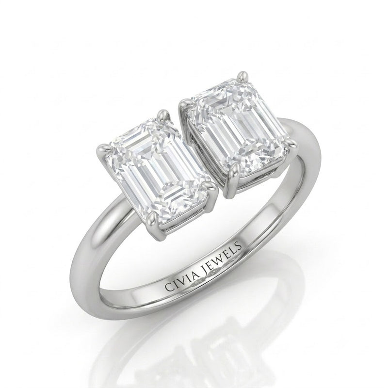 Silver Twinelle Toi et Moi Emerald Diamond Engagement Ring
