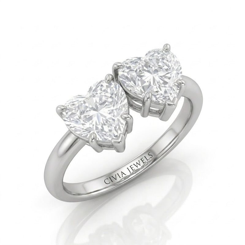 Silver Twinelle Toi et Moi Heart Diamond Engagement Ring