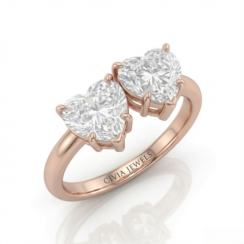 Rose Gold Twinelle Toi et Moi Heart Diamond Engagement Ring