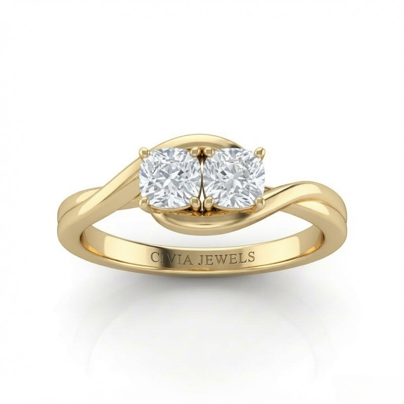 Yellow Gold Duet Wave Two Stone Cushion Diamond Engagement Ring