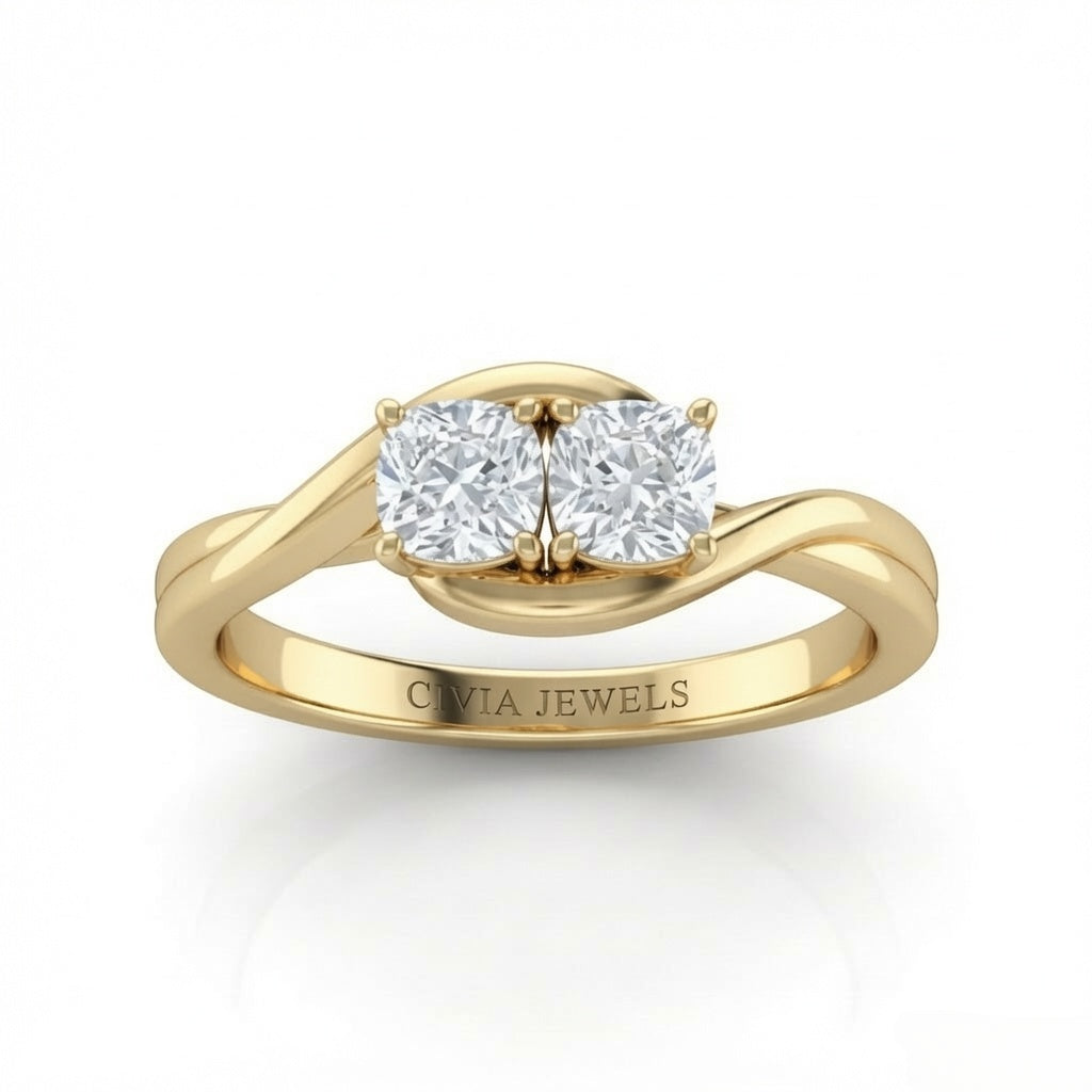 Yellow Gold Duet Wave Two Stone Cushion Diamond Engagement Ring