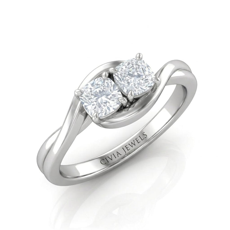 White Gold Duet Wave Two Stone Cushion Diamond Engagement Ring