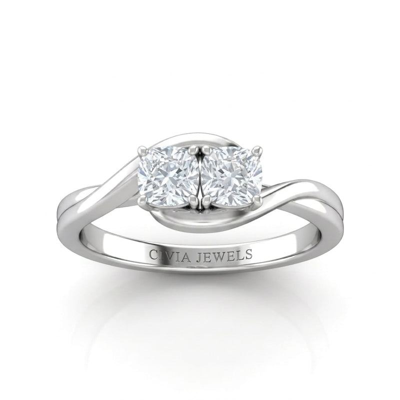 White Gold Duet Wave Two Stone Cushion Diamond Engagement Ring