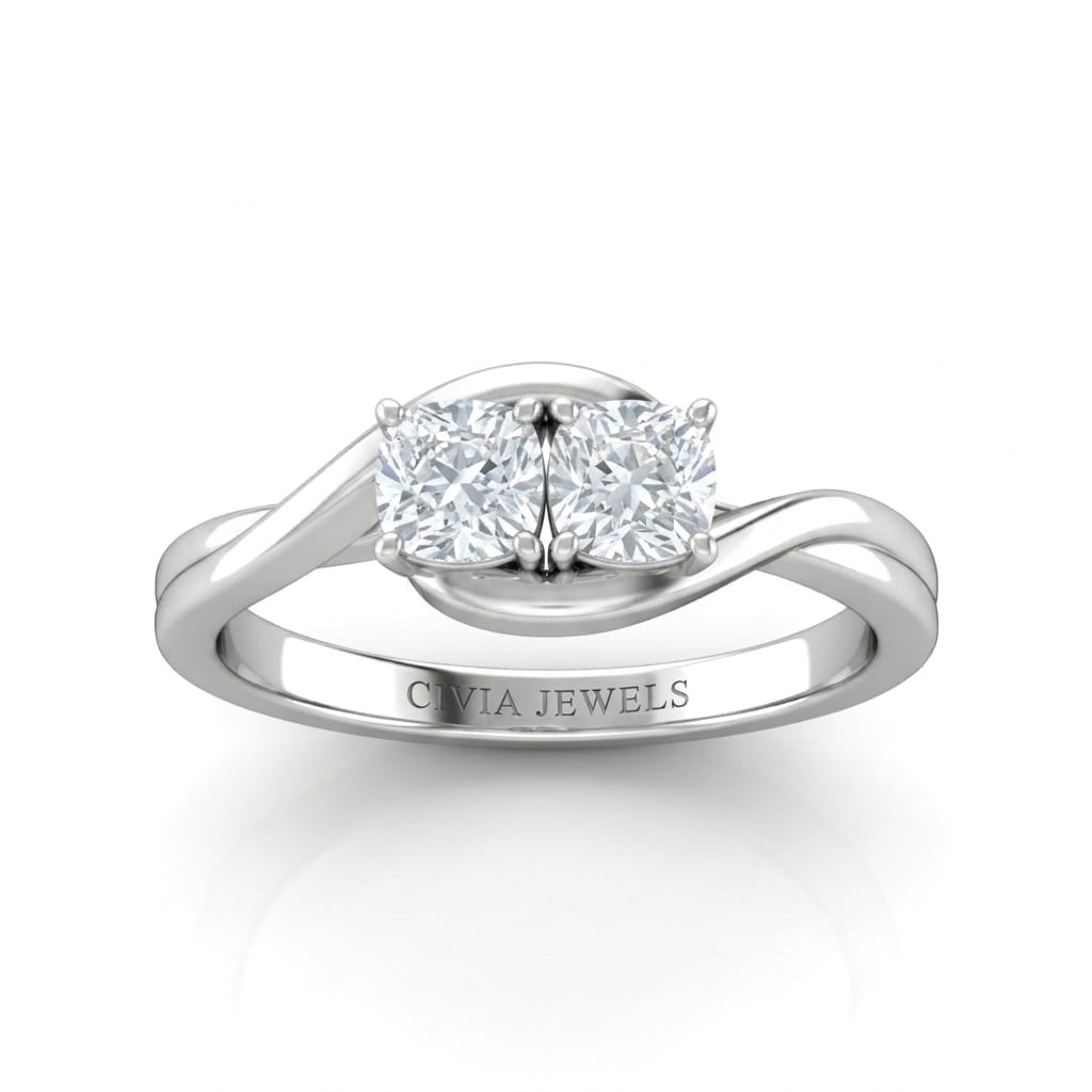 White Gold Duet Wave Two Stone Cushion Diamond Engagement Ring
