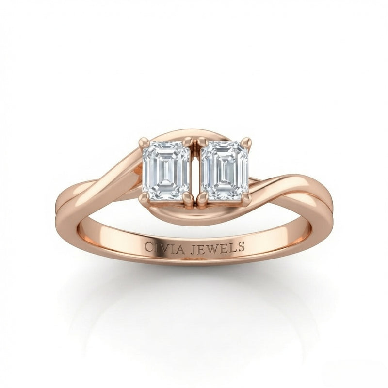 Rose Gold Duet Wave Two Stone Emerald Diamond Engagement Ring