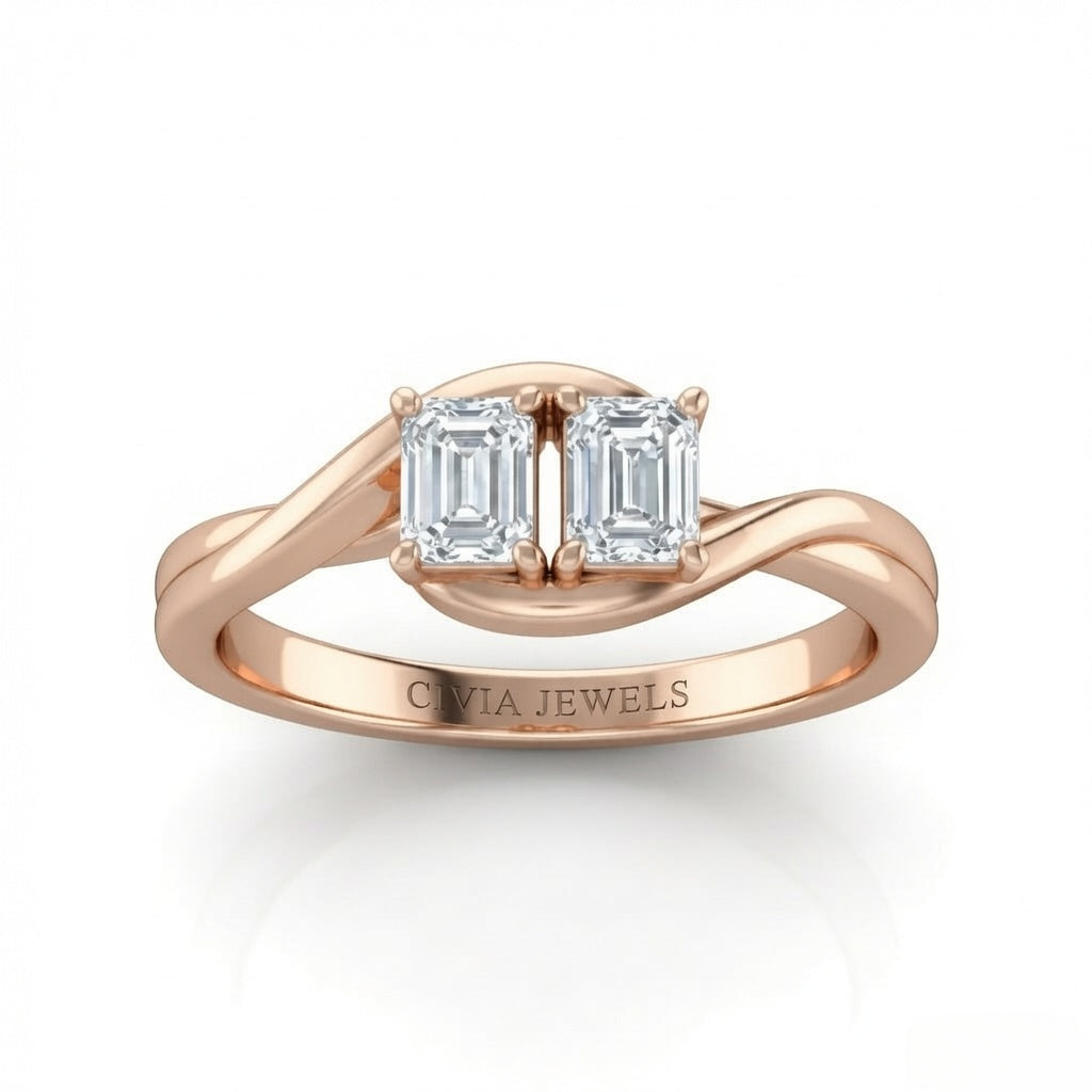Rose Gold Duet Wave Two Stone Emerald Diamond Engagement Ring