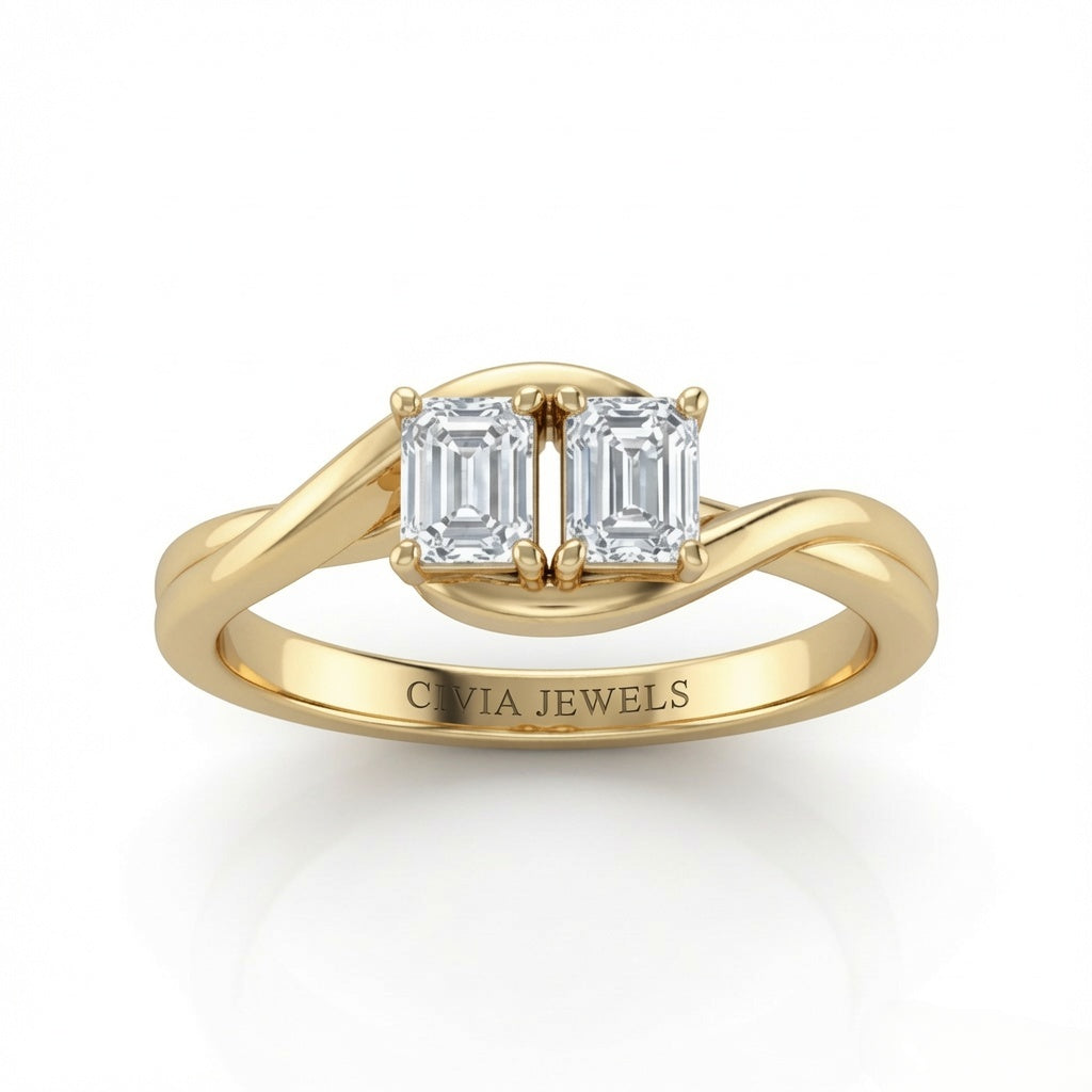 Yellow Gold Duet Wave Two Stone Emerald Diamond Engagement Ring