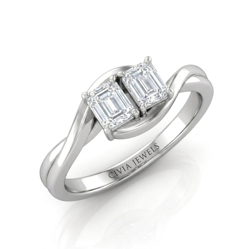 White Gold Duet Wave Two Stone Emerald Diamond Engagement Ring