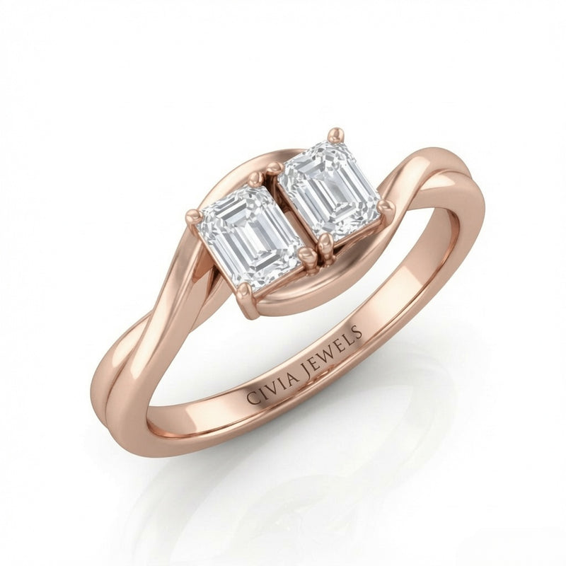 Rose Gold Duet Wave Two Stone Emerald Diamond Engagement Ring