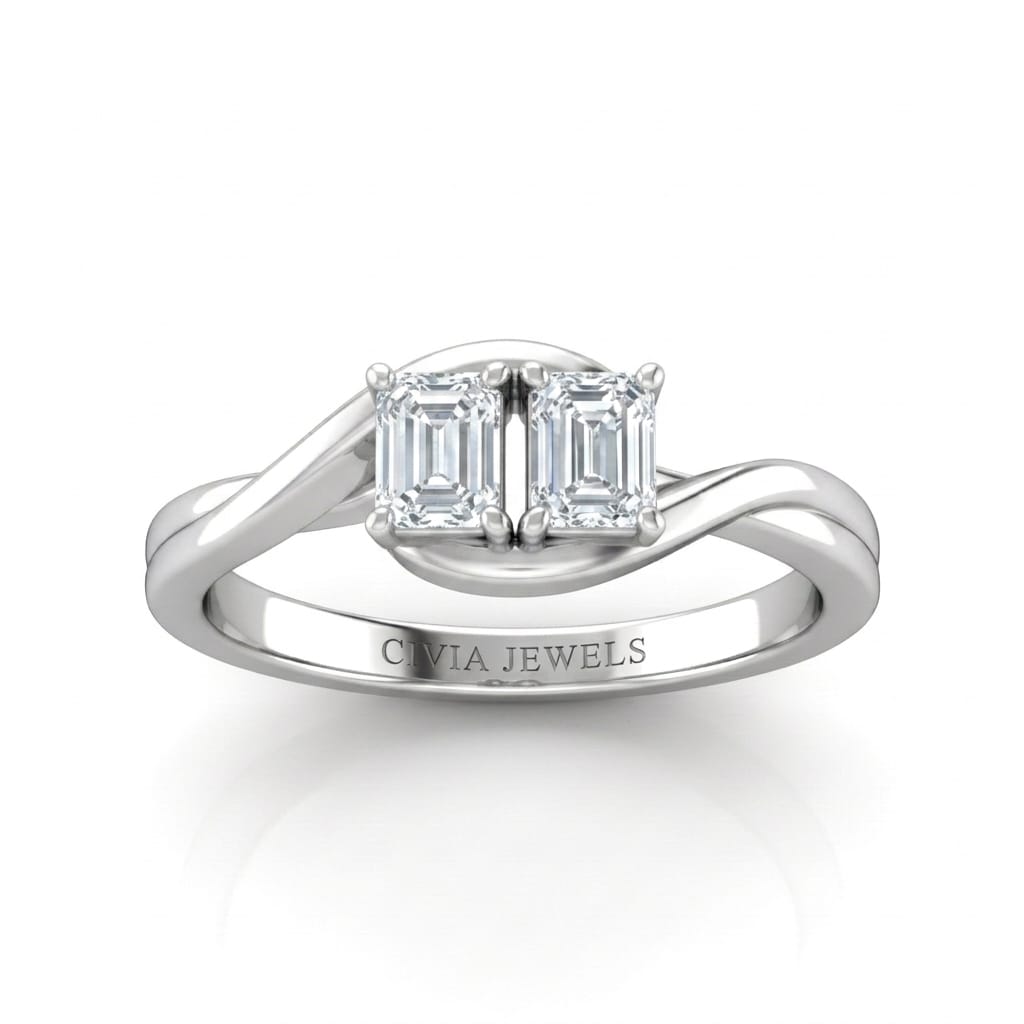 White Gold Duet Wave Two Stone Emerald Diamond Engagement Ring