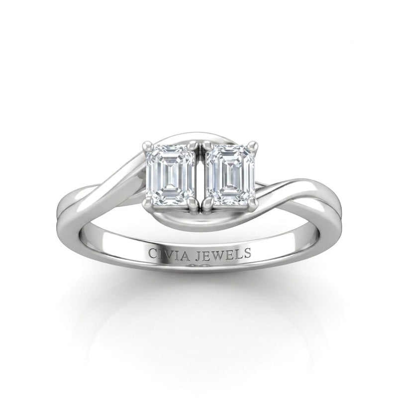 Silver Duet Wave Two Stone Emerald Diamond Engagement Ring