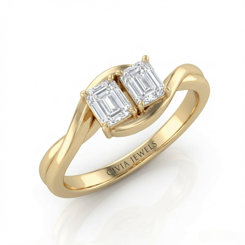 Yellow Gold Duet Wave Two Stone Emerald Diamond Engagement Ring