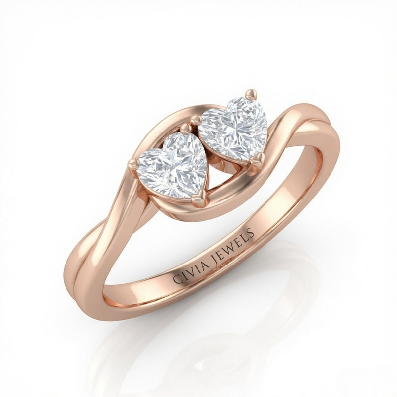 Rose Gold Duet Wave Two Stone Heart Diamond Engagement Ring