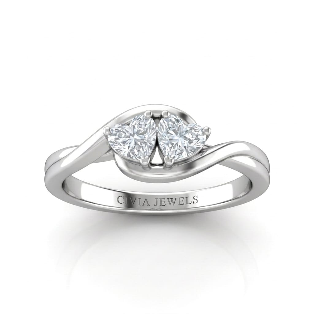 White Gold Duet Wave Two Stone Heart Diamond Engagement Ring