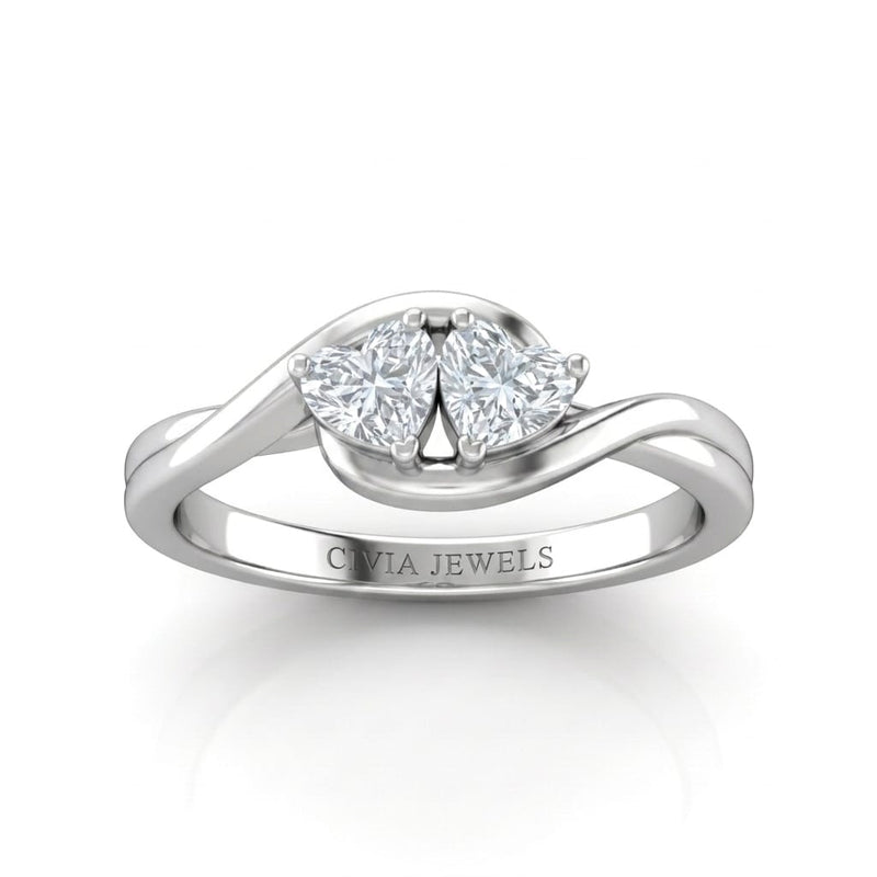 Silver Duet Wave Two Stone Heart Diamond Engagement Ring