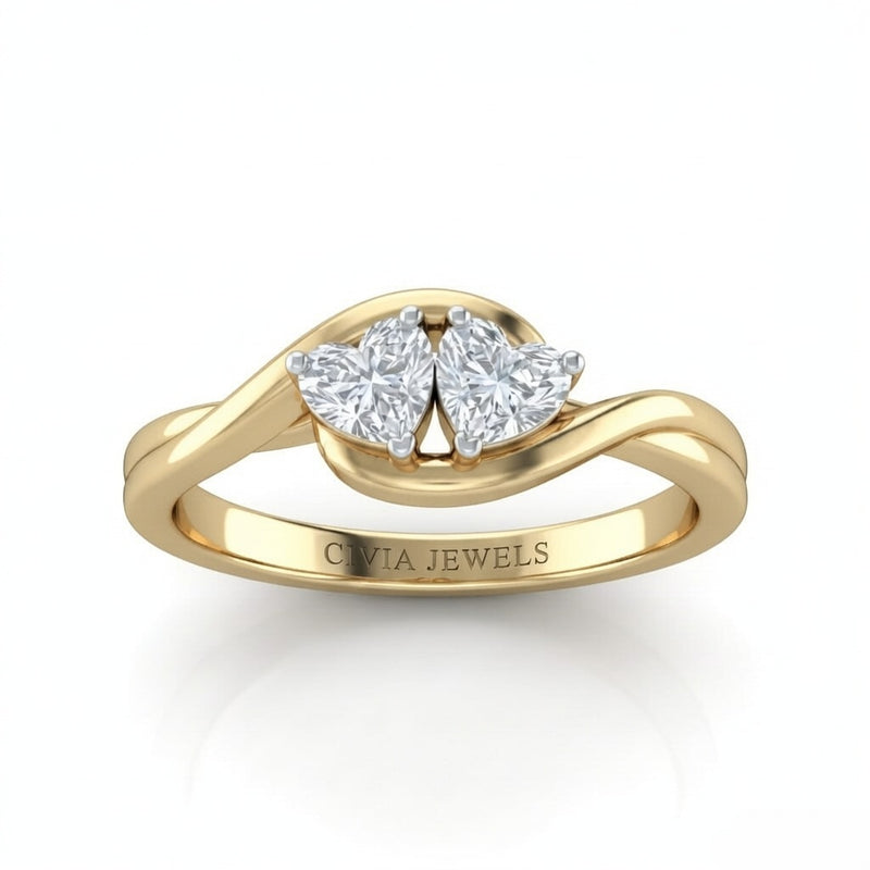 Yellow Gold Duet Wave Two Stone Heart Diamond Engagement Ring