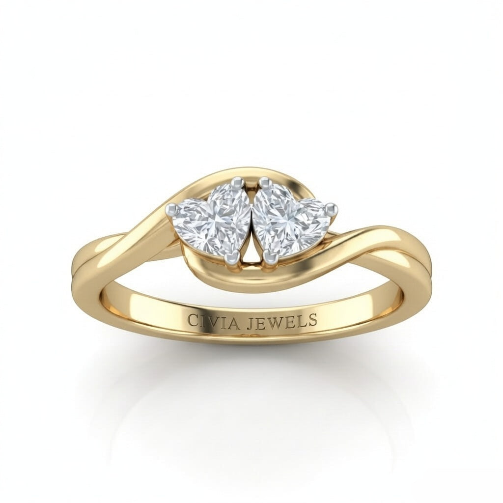Yellow Gold Duet Wave Two Stone Heart Diamond Engagement Ring