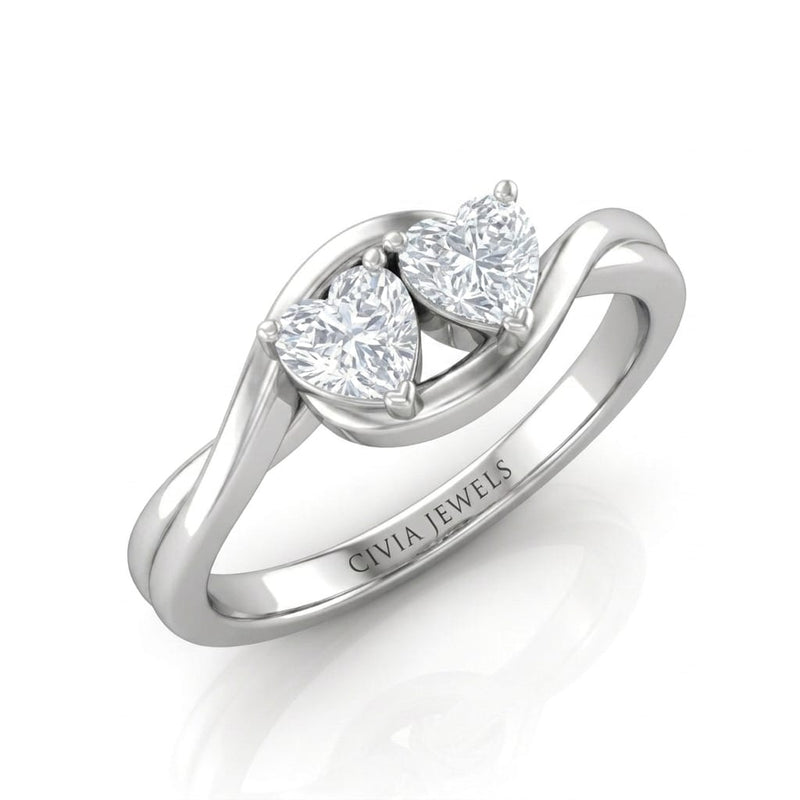 White Gold Duet Wave Two Stone Heart Diamond Engagement Ring