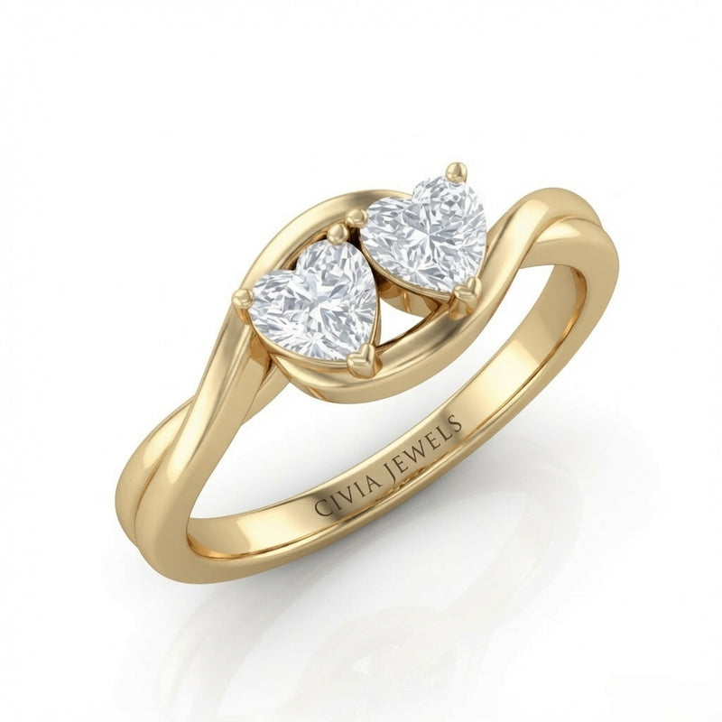 Yellow Gold Duet Wave Two Stone Heart Diamond Engagement Ring