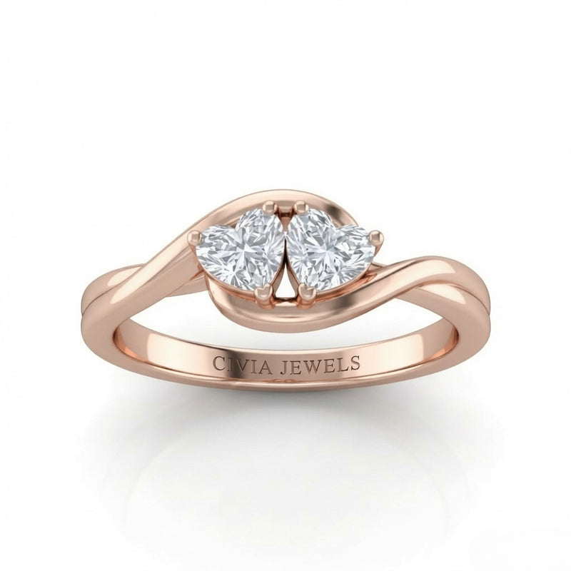 Rose Gold Duet Wave Two Stone Heart Diamond Engagement Ring