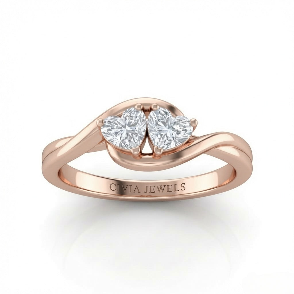 Rose Gold Duet Wave Two Stone Heart Diamond Engagement Ring