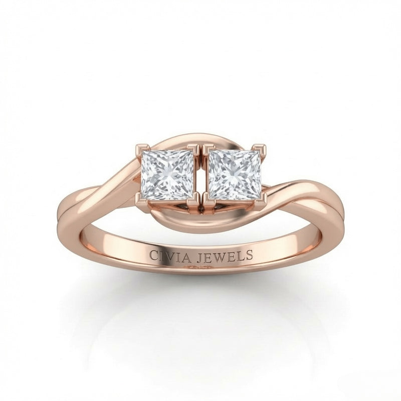 Rose Gold Duet Wave Two Stone Princess Diamond Engagement Ring
