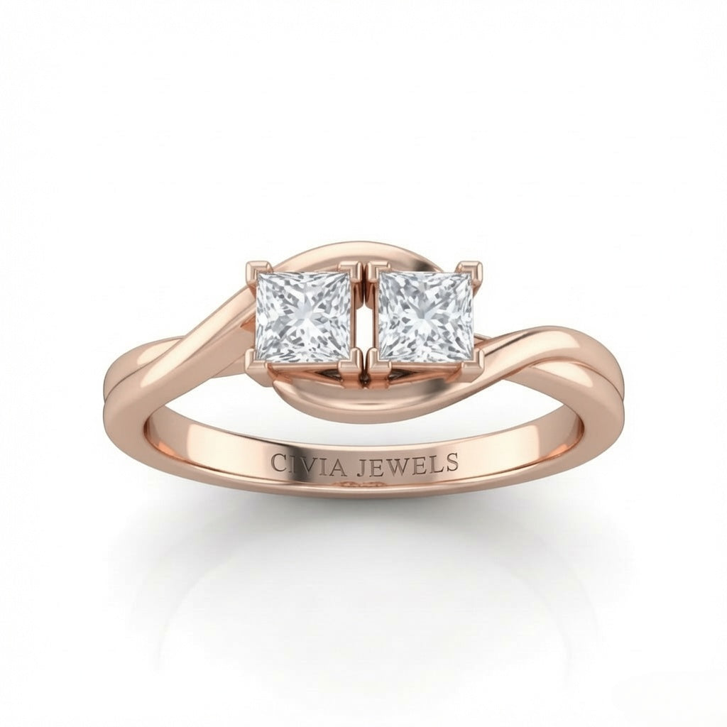 Rose Gold Duet Wave Two Stone Princess Diamond Engagement Ring