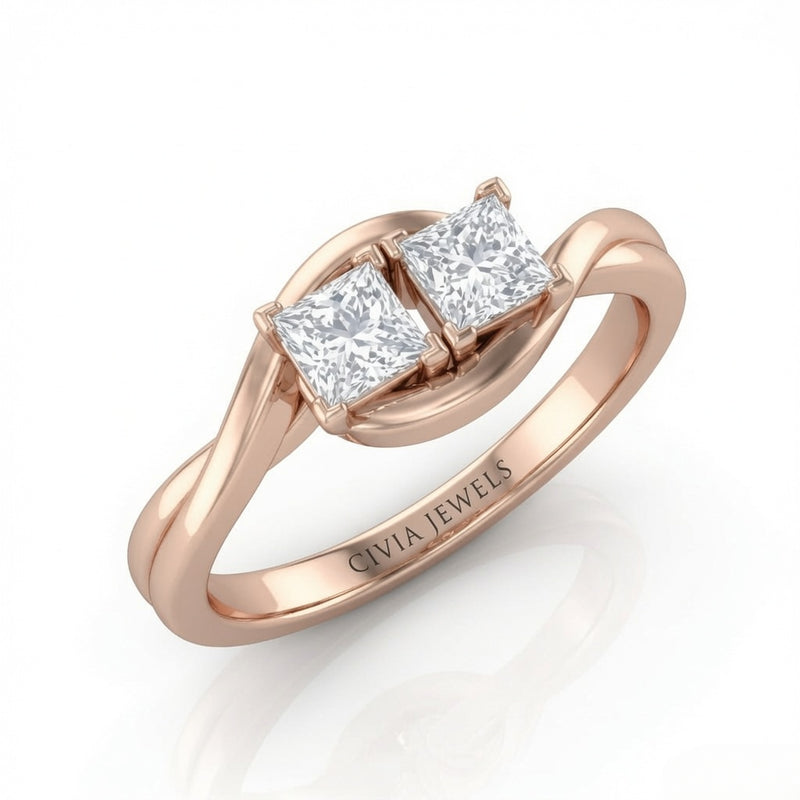 Rose Gold Duet Wave Two Stone Princess Diamond Engagement Ring