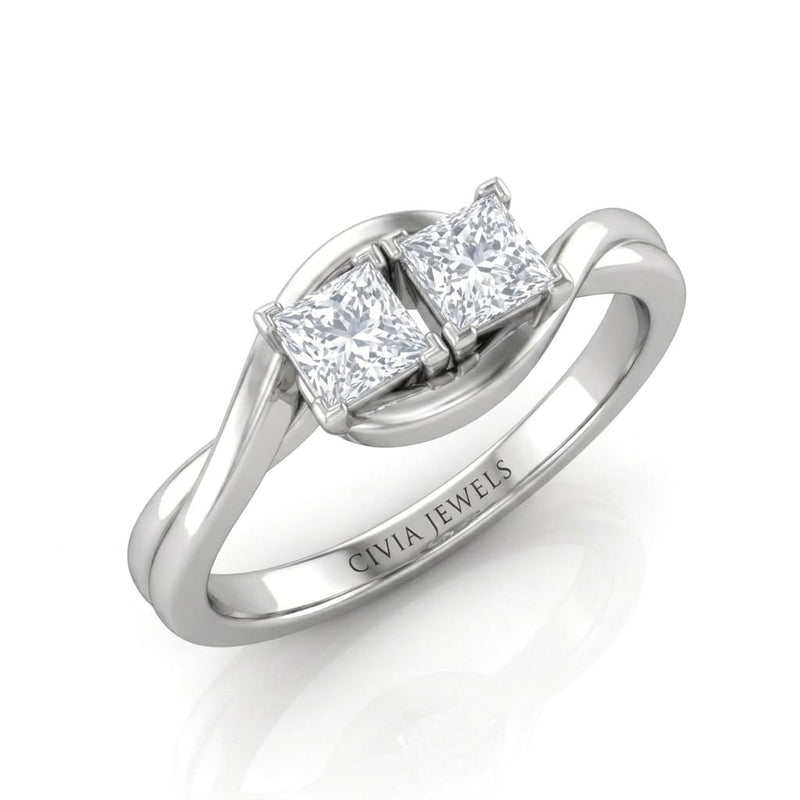 White Gold Duet Wave Two Stone Princess Diamond Engagement Ring