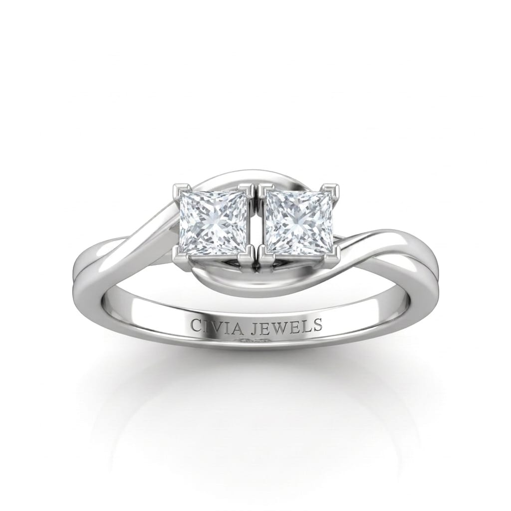 Silver Duet Wave Two Stone Princess Diamond Engagement Ring
