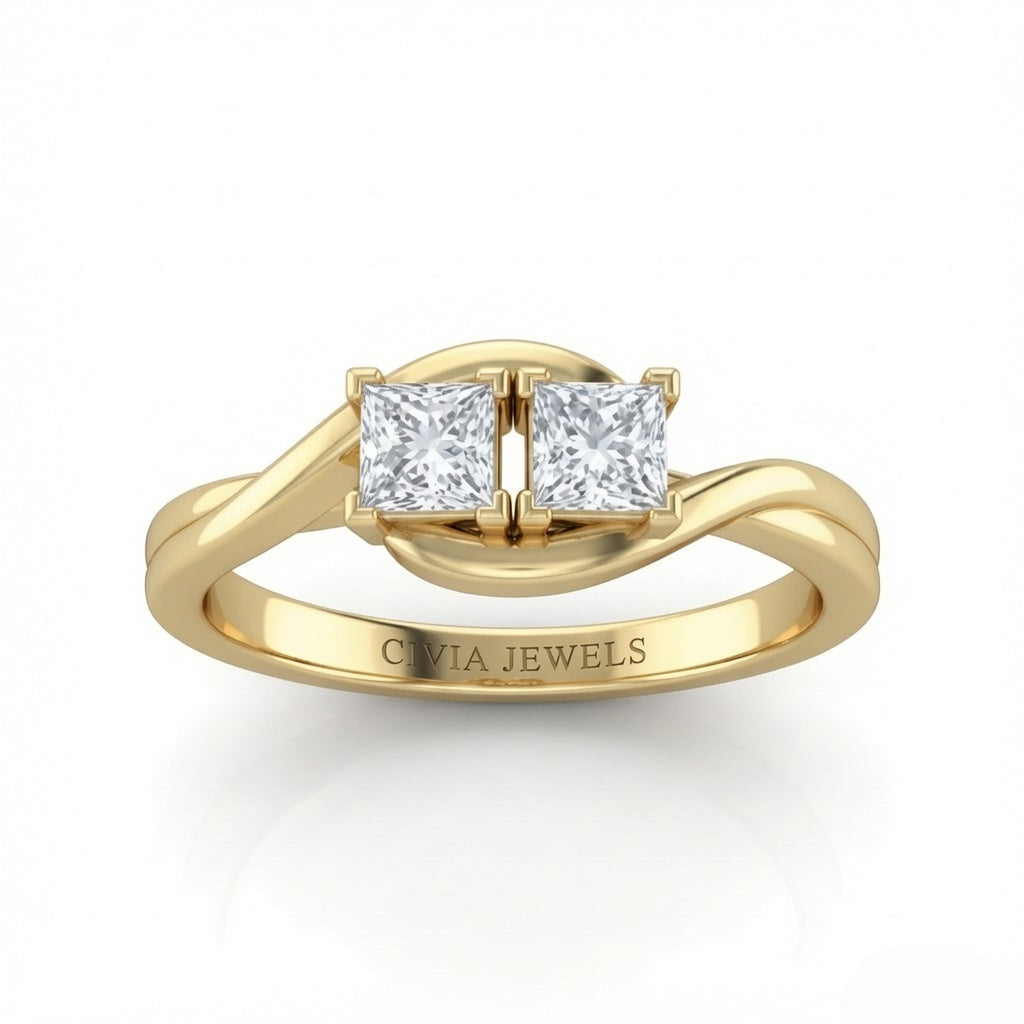 Yellow Gold Duet Wave Two Stone Princess Diamond Engagement Ring