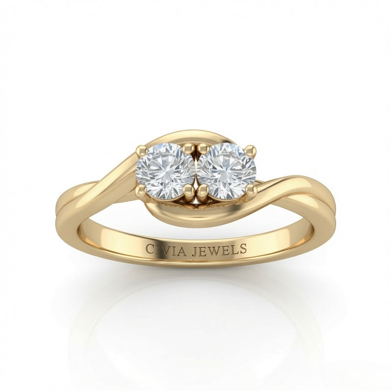 Yellow Gold Duet Wave Two Stone Round Diamond Engagement Ring