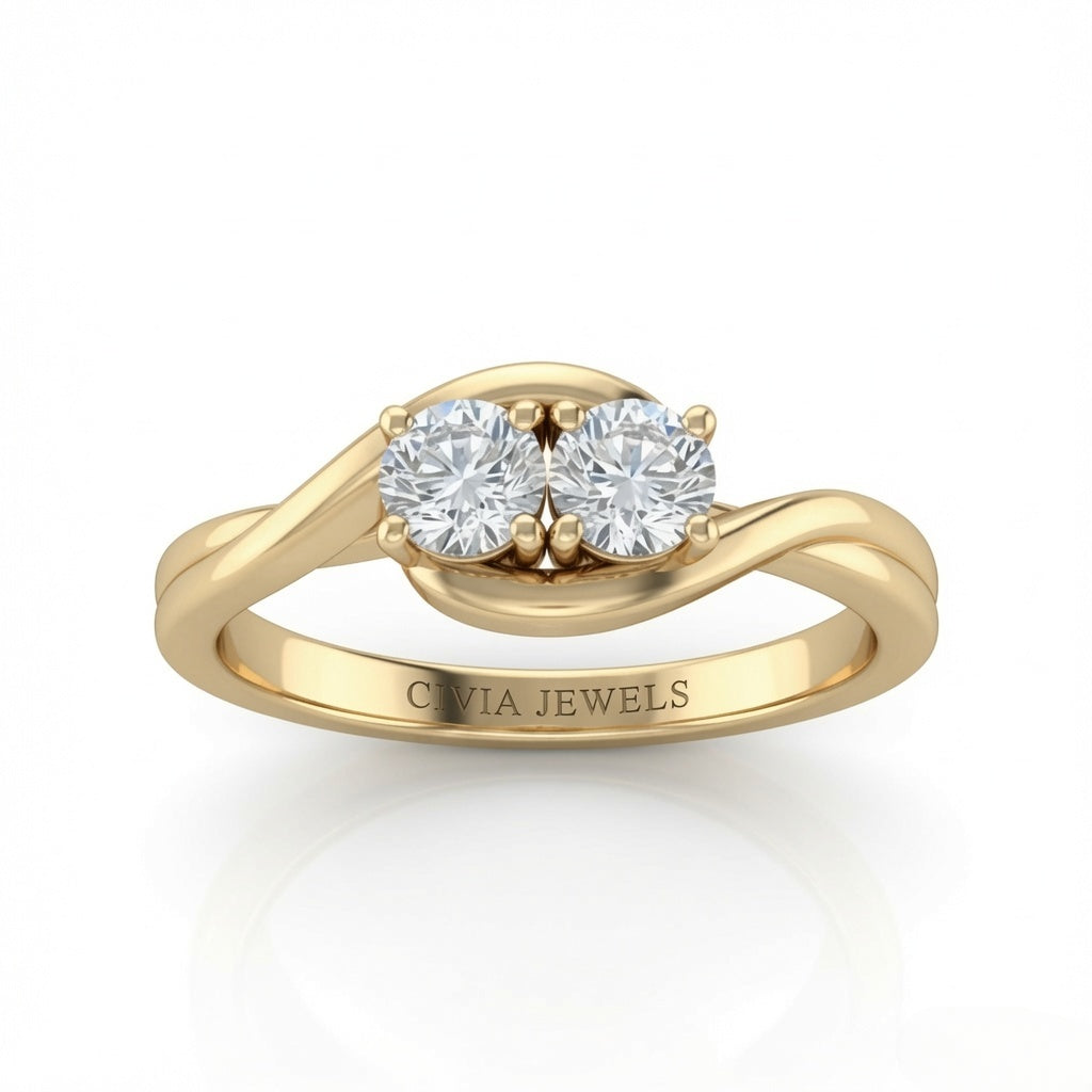 Yellow Gold Duet Wave Two Stone Round Diamond Engagement Ring