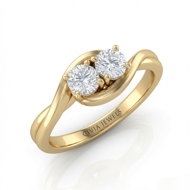 Yellow Gold Duet Wave Two Stone Round Diamond Engagement Ring