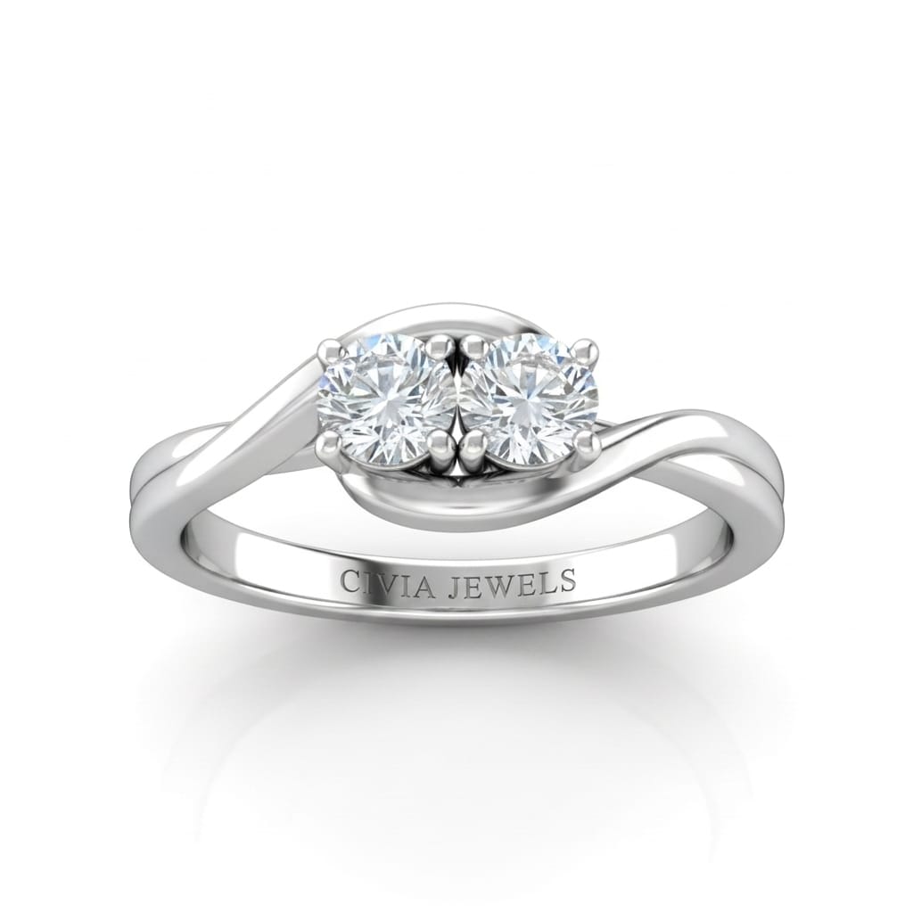 Silver Duet Wave Two Stone Round Diamond Engagement Ring