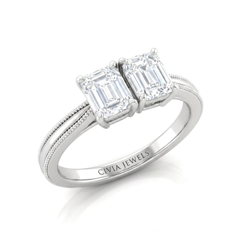 Silver Éternelle Toi et Moi Emerald & Round Diamond Engagement Ring