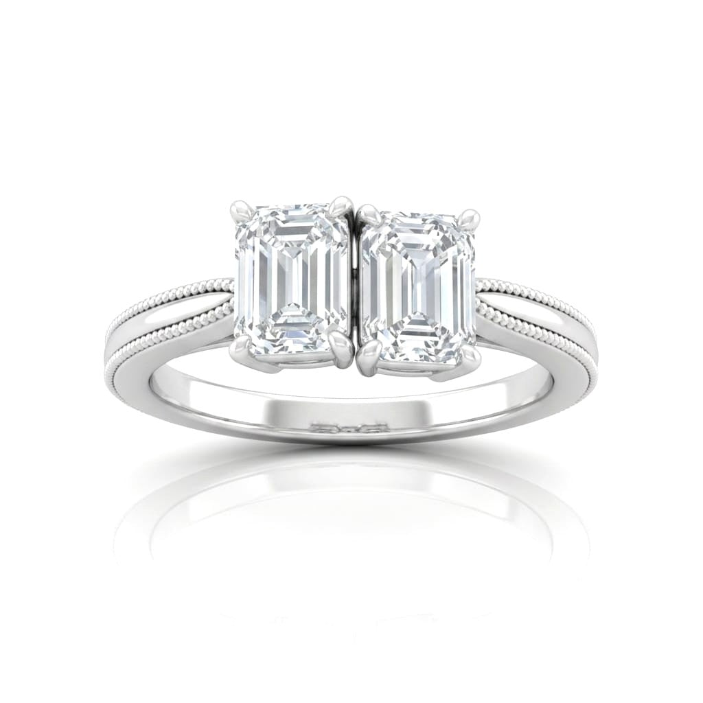 Silver Éternelle Toi et Moi Emerald & Round Diamond Engagement Ring