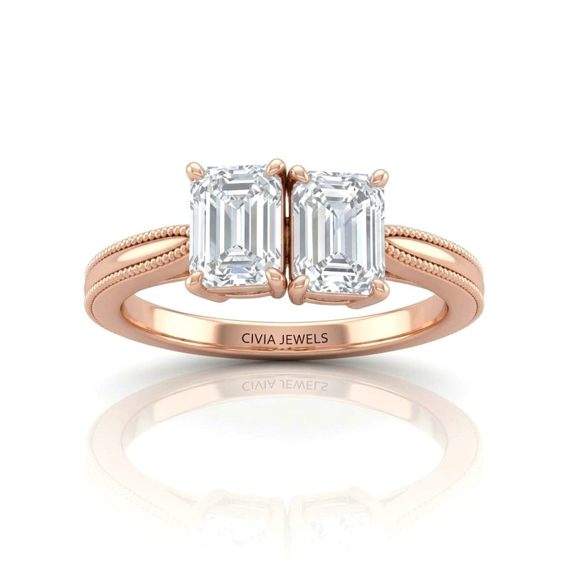 Rose Gold Éternelle Toi et Moi Emerald & Round Diamond Engagement Ring